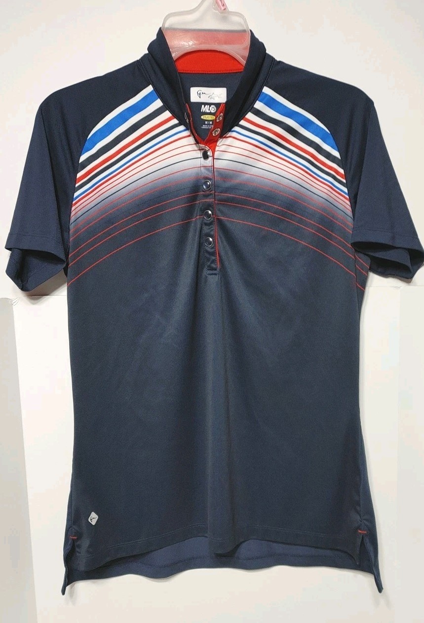 Greg Norman Polo Shirt Women Sz Medium Blue ML75 Play Dry Golf Pearl Snap Botton