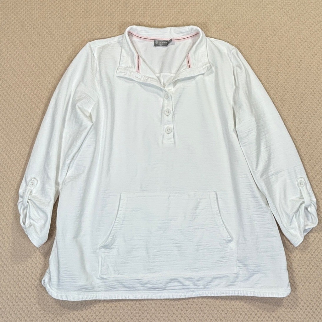 T by Talbots White Slub Henley Pullover UPF 50+ Kangaroo Pocket Top Women 1X NEW