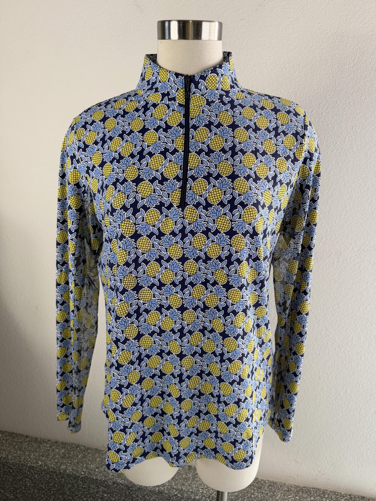 IBKUL Shirt Womens Large Blue Pineapple Print Long Sleeve Golf 1/4 Zip Stretch