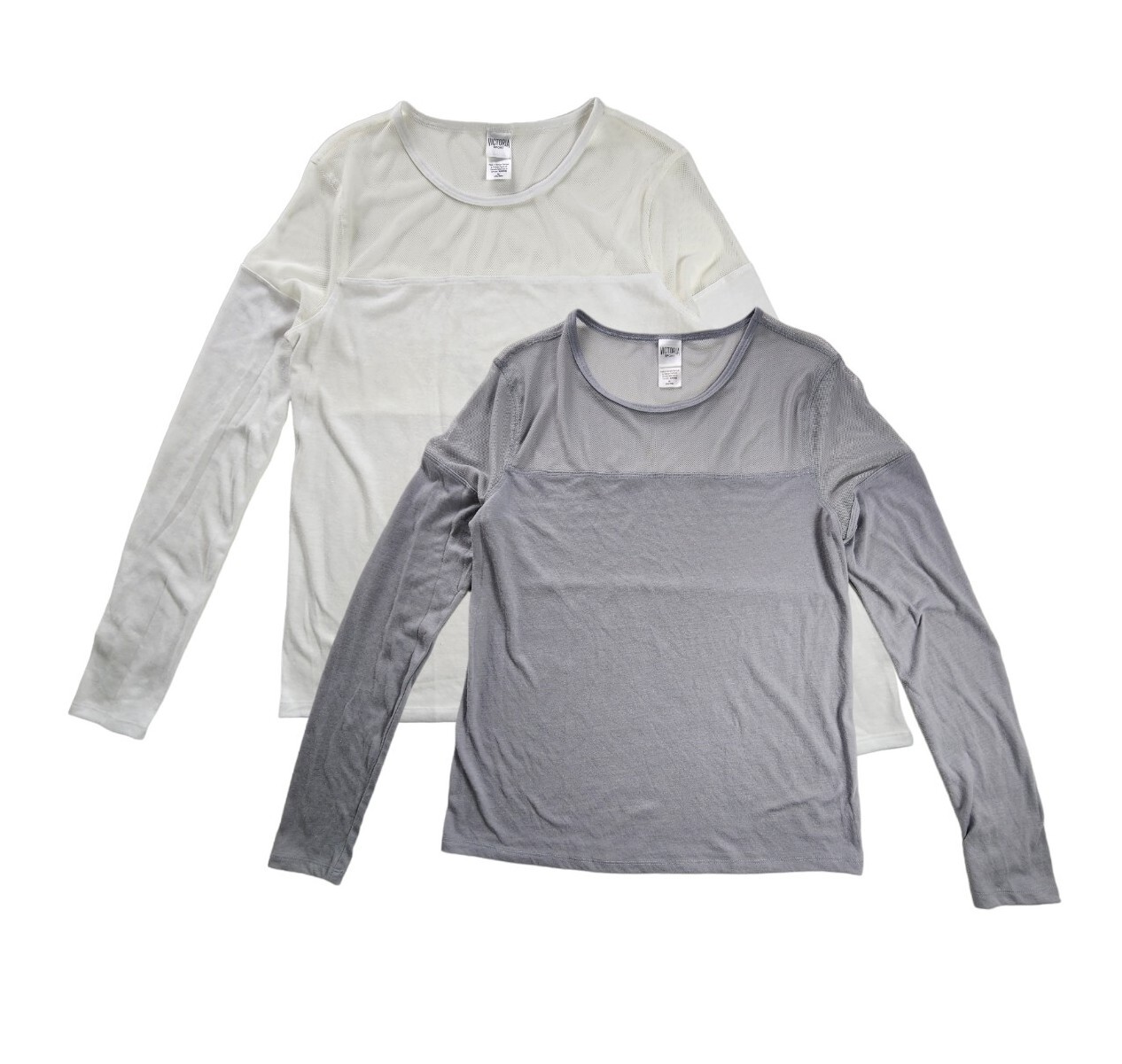 TWO Victoria Secret Sport Mesh Shirt Top Size Medium Gray White Athletic Yoga