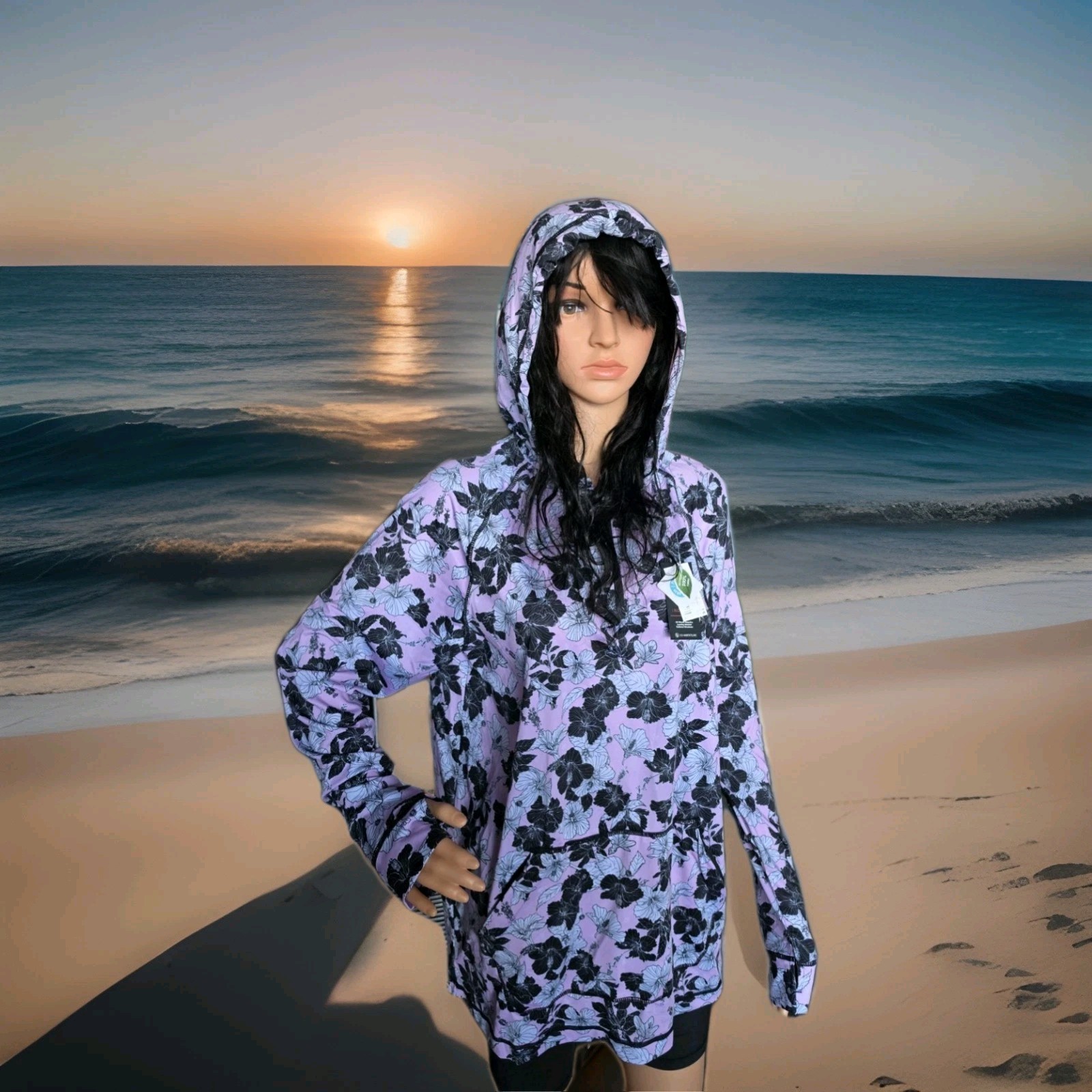 Women’s XL Long Sleeve Rash Guard Swim Shirt Hooded Pink Floral CG habitats NWT