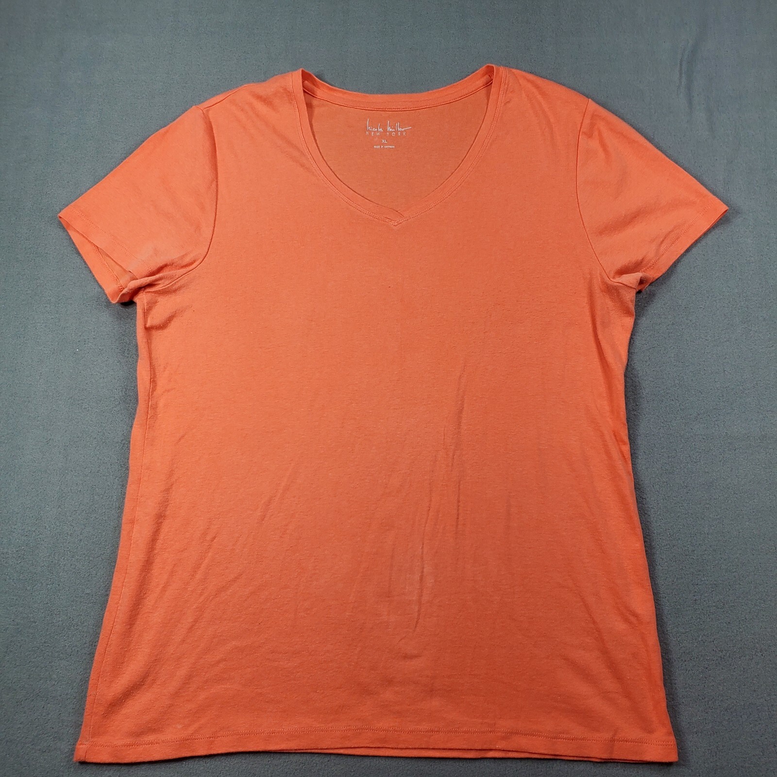 Nicole Miller New York Woman Shirt Extra Large Peach V-Neck Top Short Sleeve