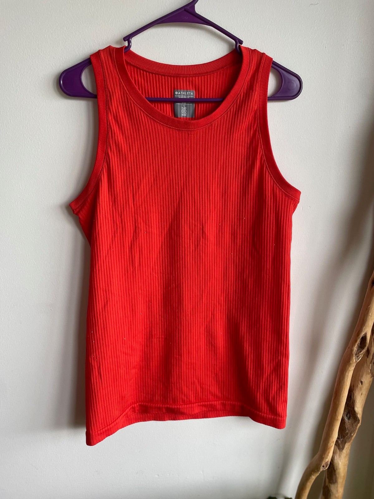 Athleta Womens Red Relaxed Fit Muscle Tank Top Size L Crew Neck Curved Hem