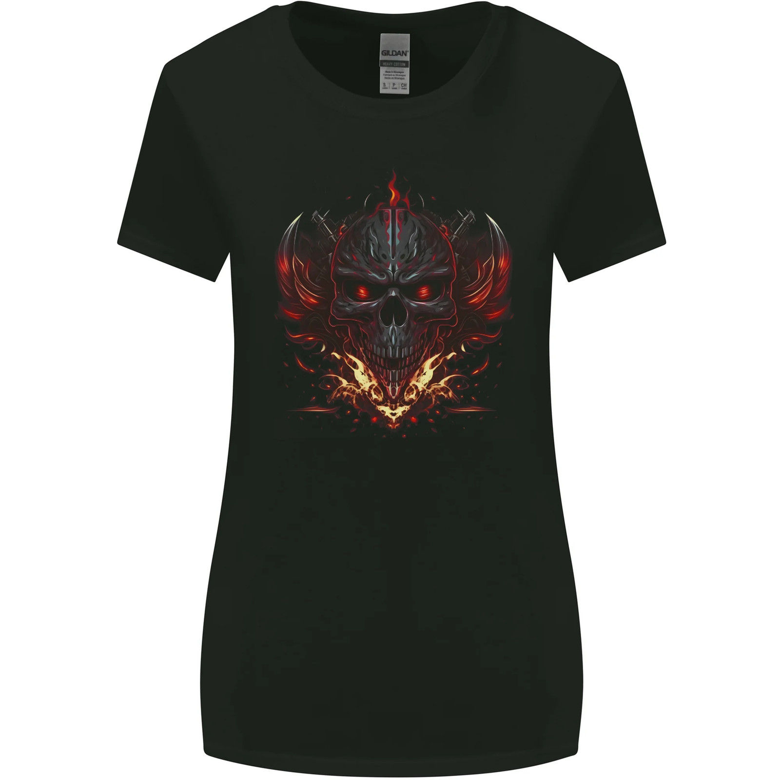 An Evil Flame Skull Biker Fantasy Heavy Metal Womens Wider Cut T-Shirt
