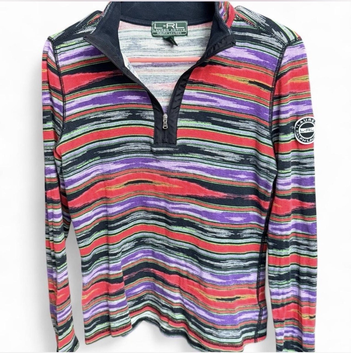 LRL Ralph Lauren Active 1/4 Zip Womens M Striped Thermal Waffle Knit Pullover