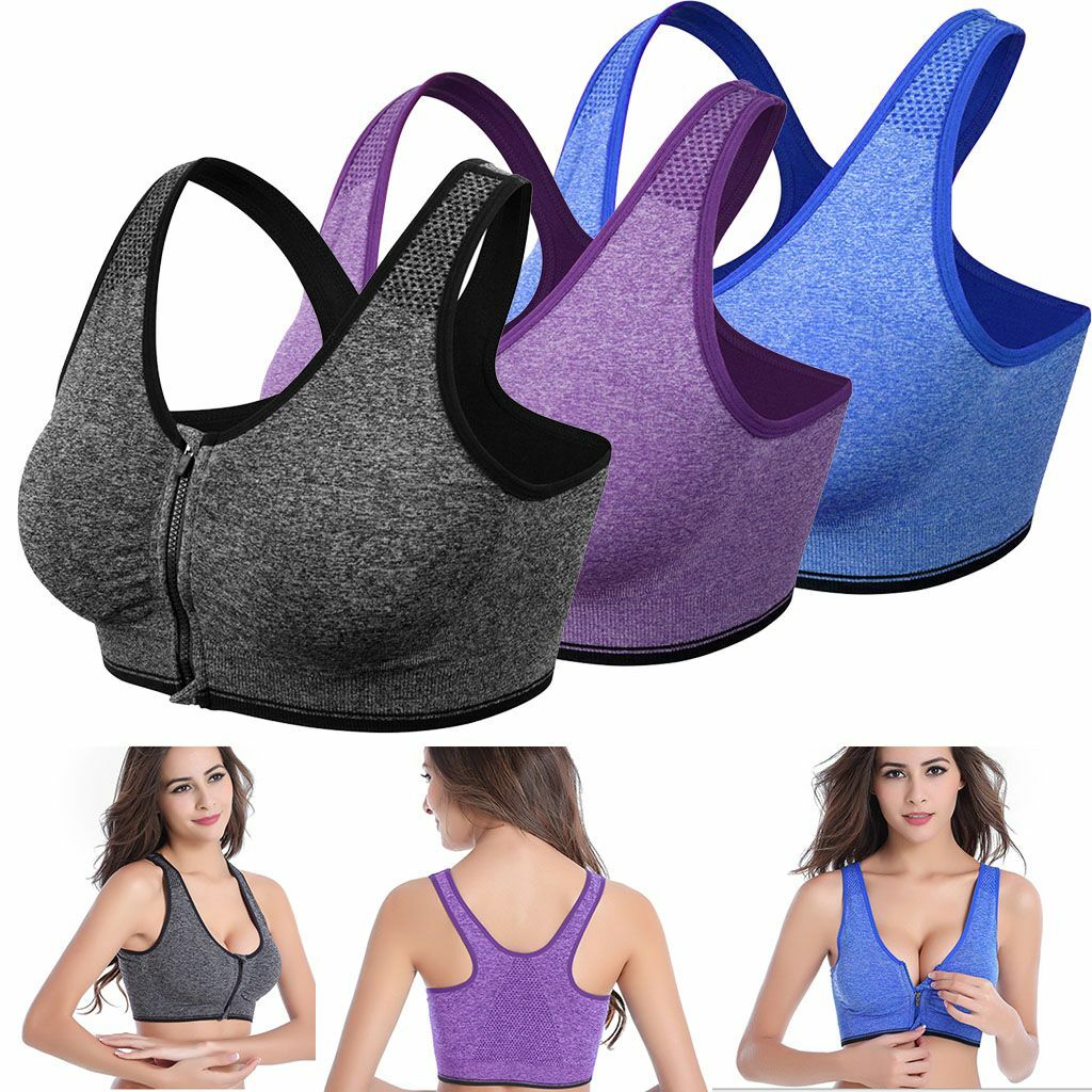 Women Zipper Stretch Sports Bra Yoga Running Gym Padded Fitness Workout Top Tank
