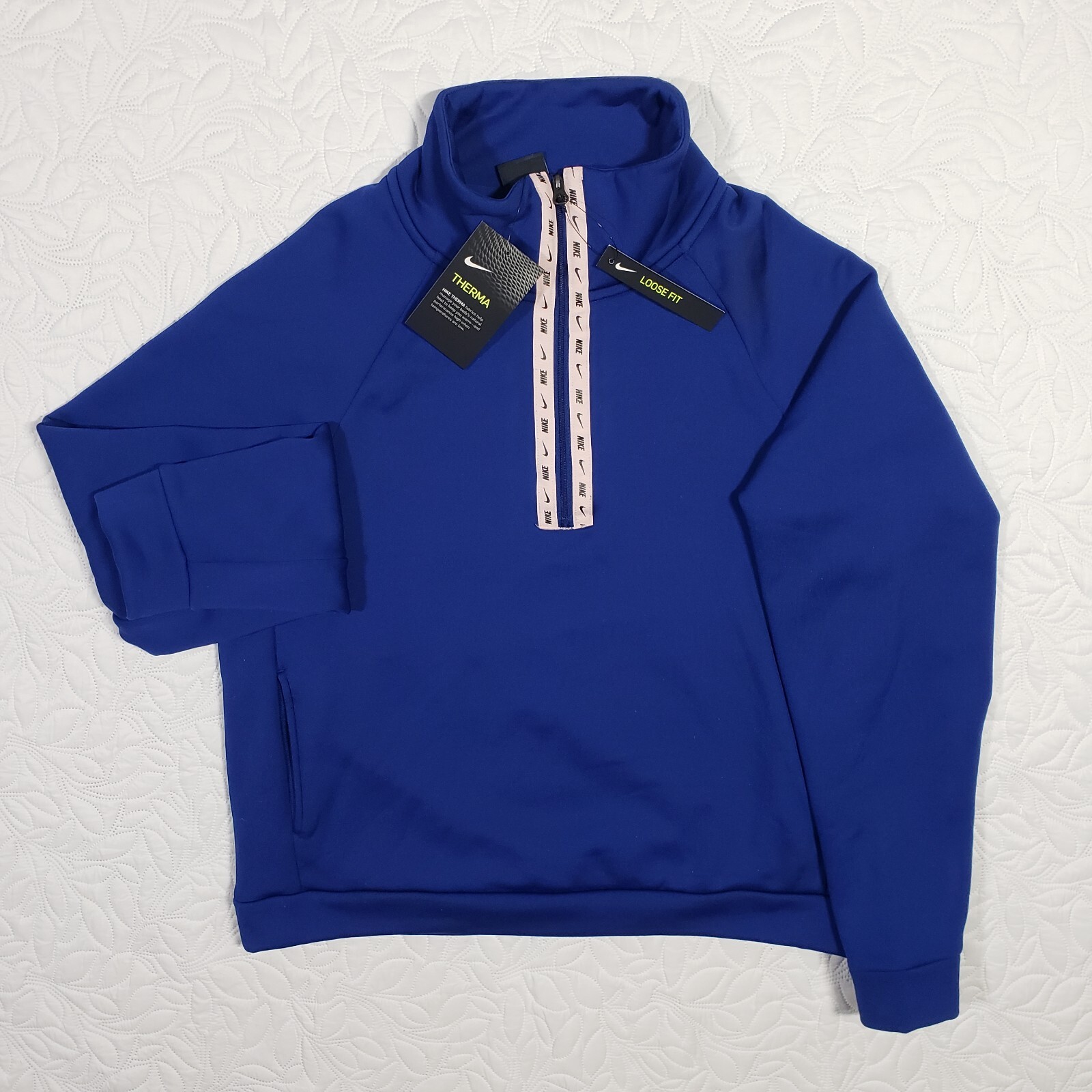 NWT Nike Pullover Womens Small Loose Fit Training Blue Pink Trim 1/2 Zip Therma