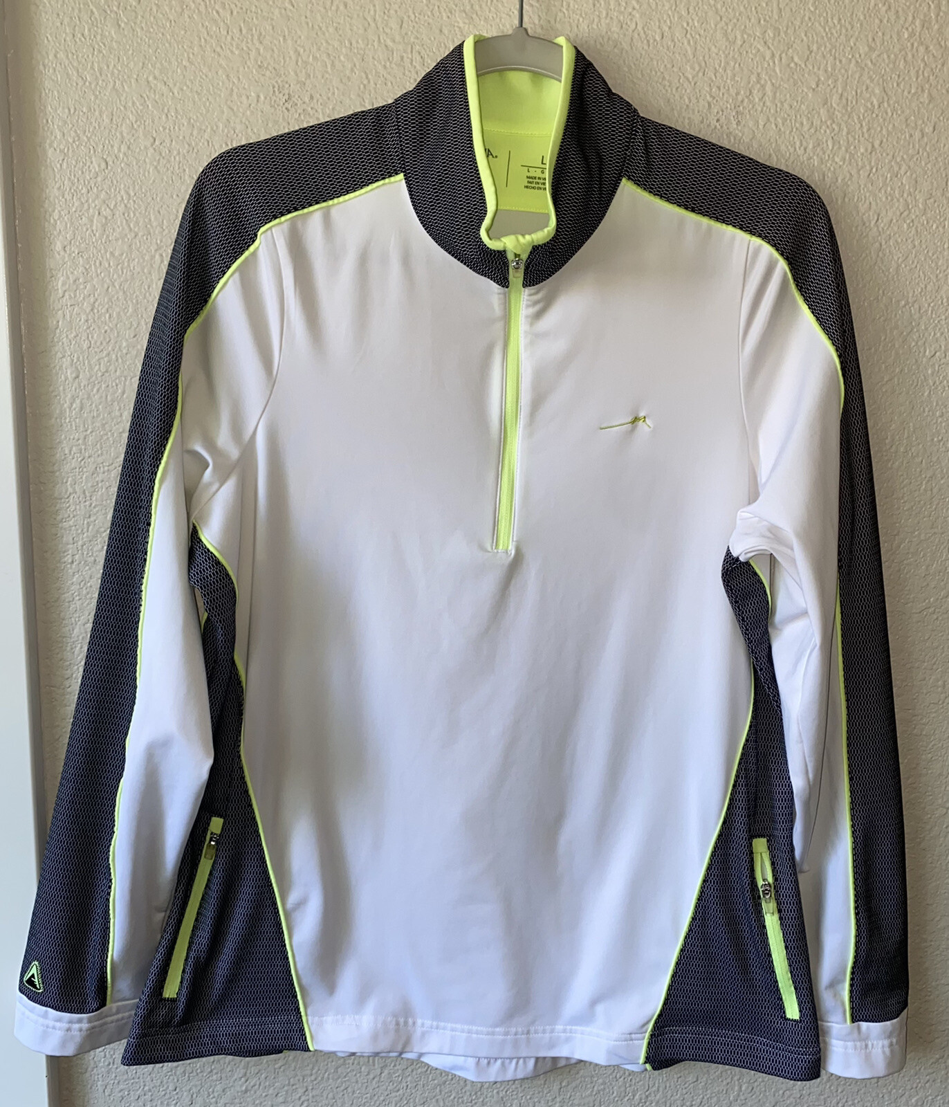 Antigua 1/4 Pullover Shirt Large Desert Dry White Black Neon Green L/S Golf