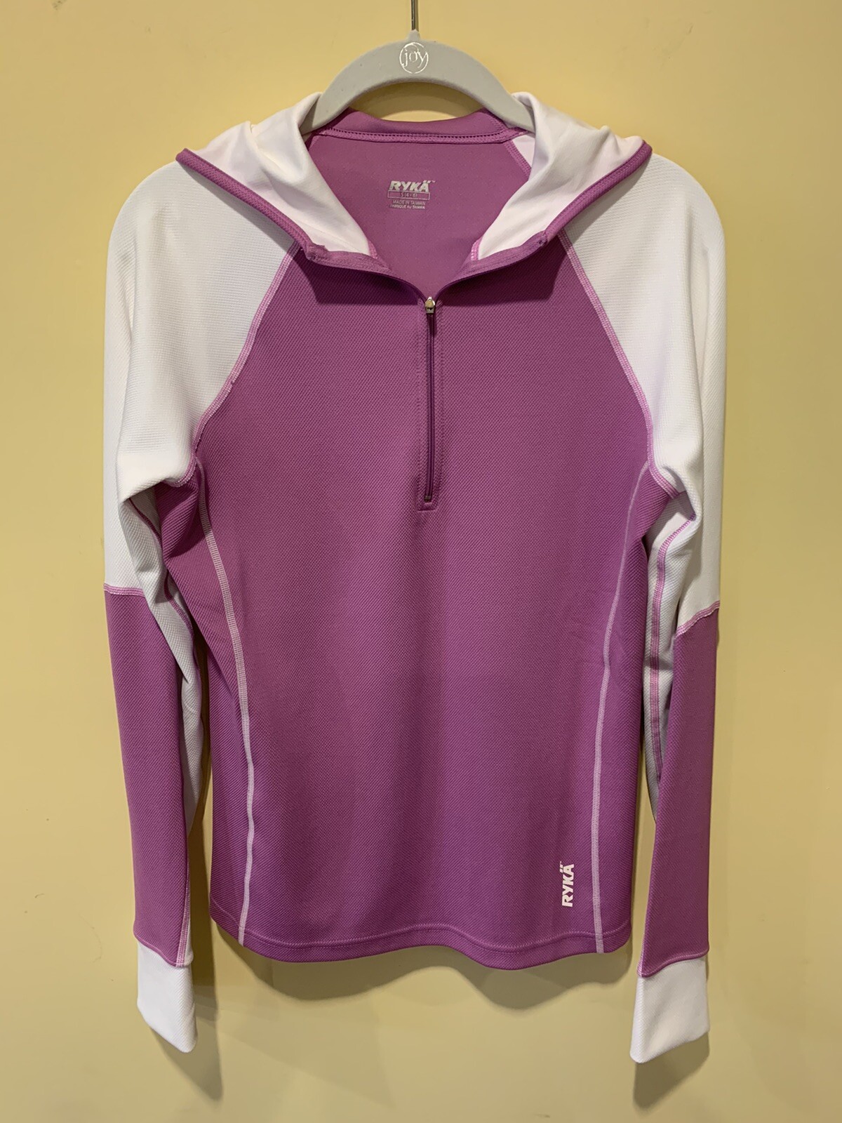 RYKA Women’s L/S Hooded Pullover Size Small(4-6) Purple White 1/4” Zip Thumbhole