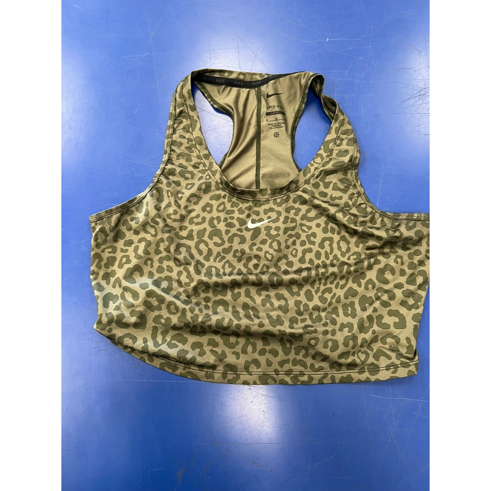 Nike Womens Dri-FIT Slim Fit Leopard Print Racerback Tank Top Olive Green Medium