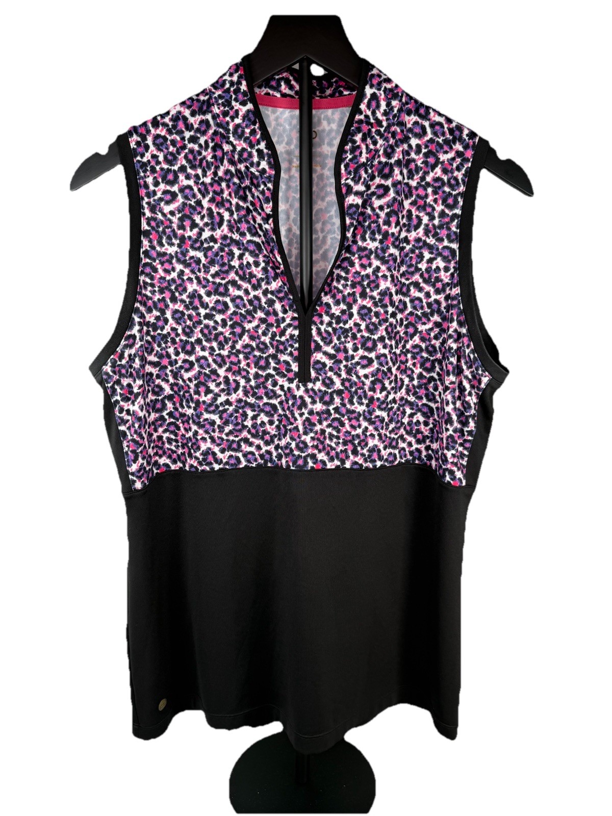 EP New York Leopard Spot V Neck Sleeveless Polo in Black Pink & Purple Large EUC