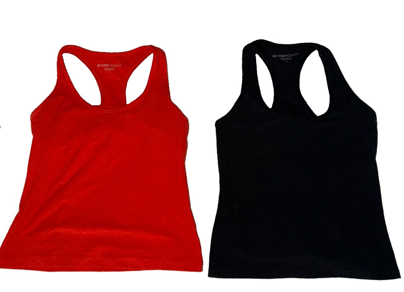Beyond Yoga (2) Racerback Tank Tops Size L Black Neon Yoga Built In Bra