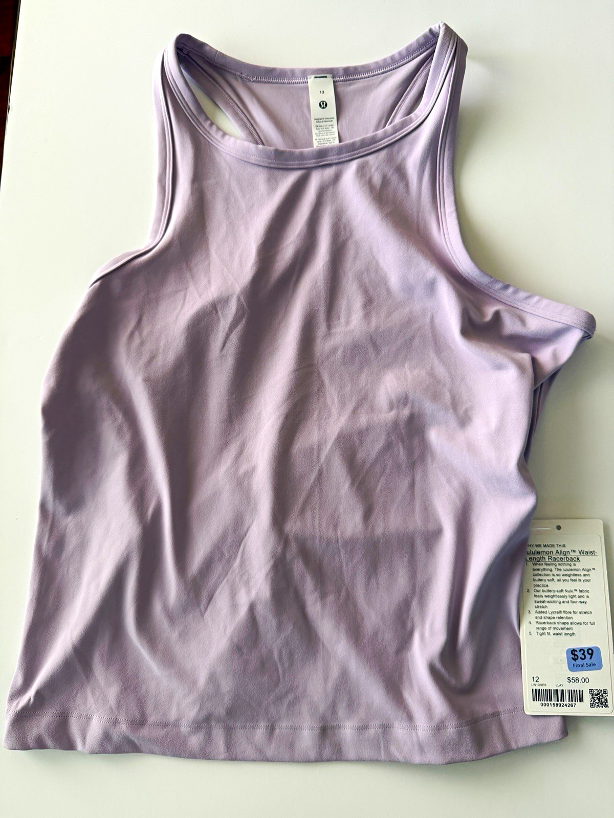 lululemon Align Waist-Length Racerback Tank Scoop Neck Lilac Womens Sz 12 NWT