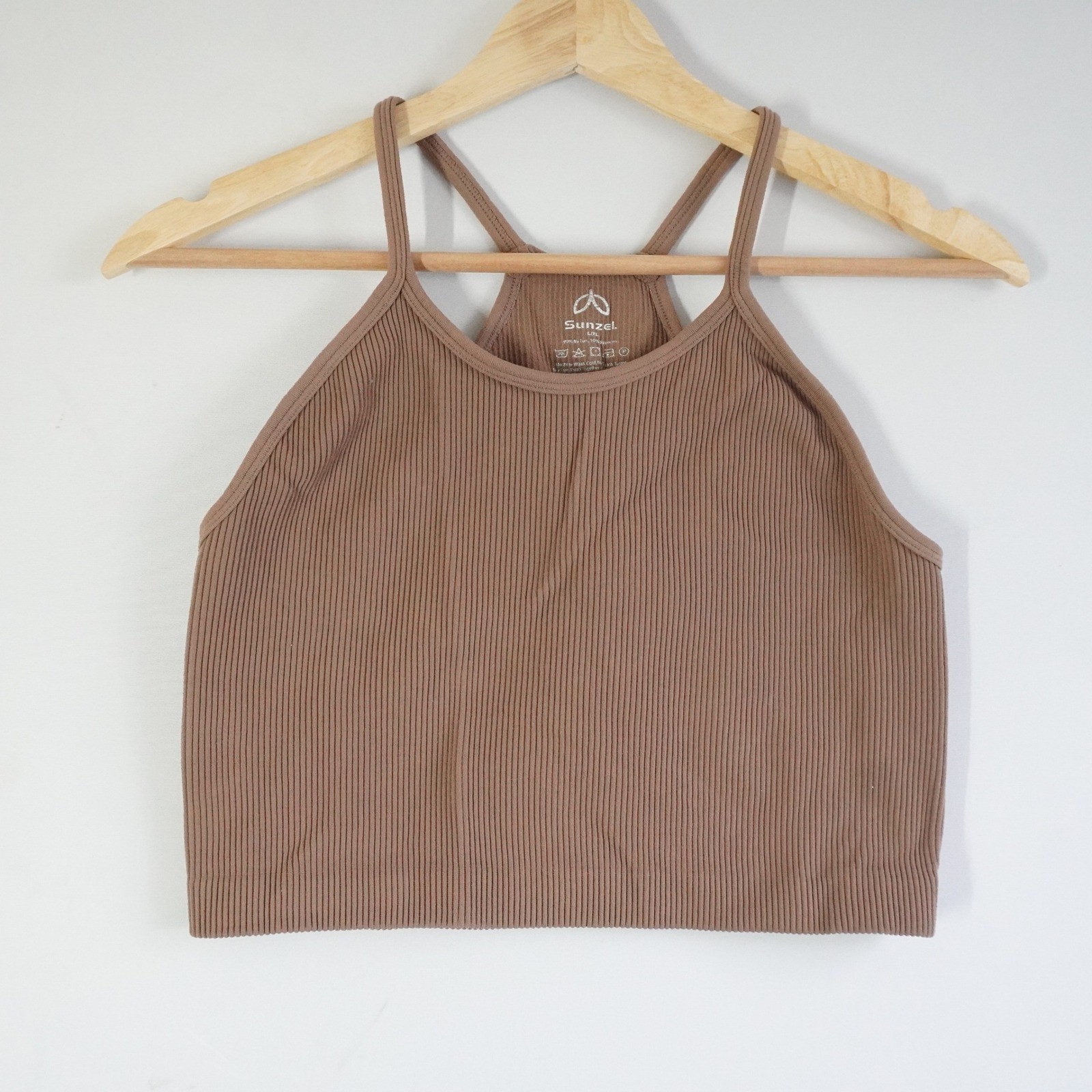 Sunzel Brown Ribbed High Neck Racerback Crop Top Women Size L XL Seamless Sporty