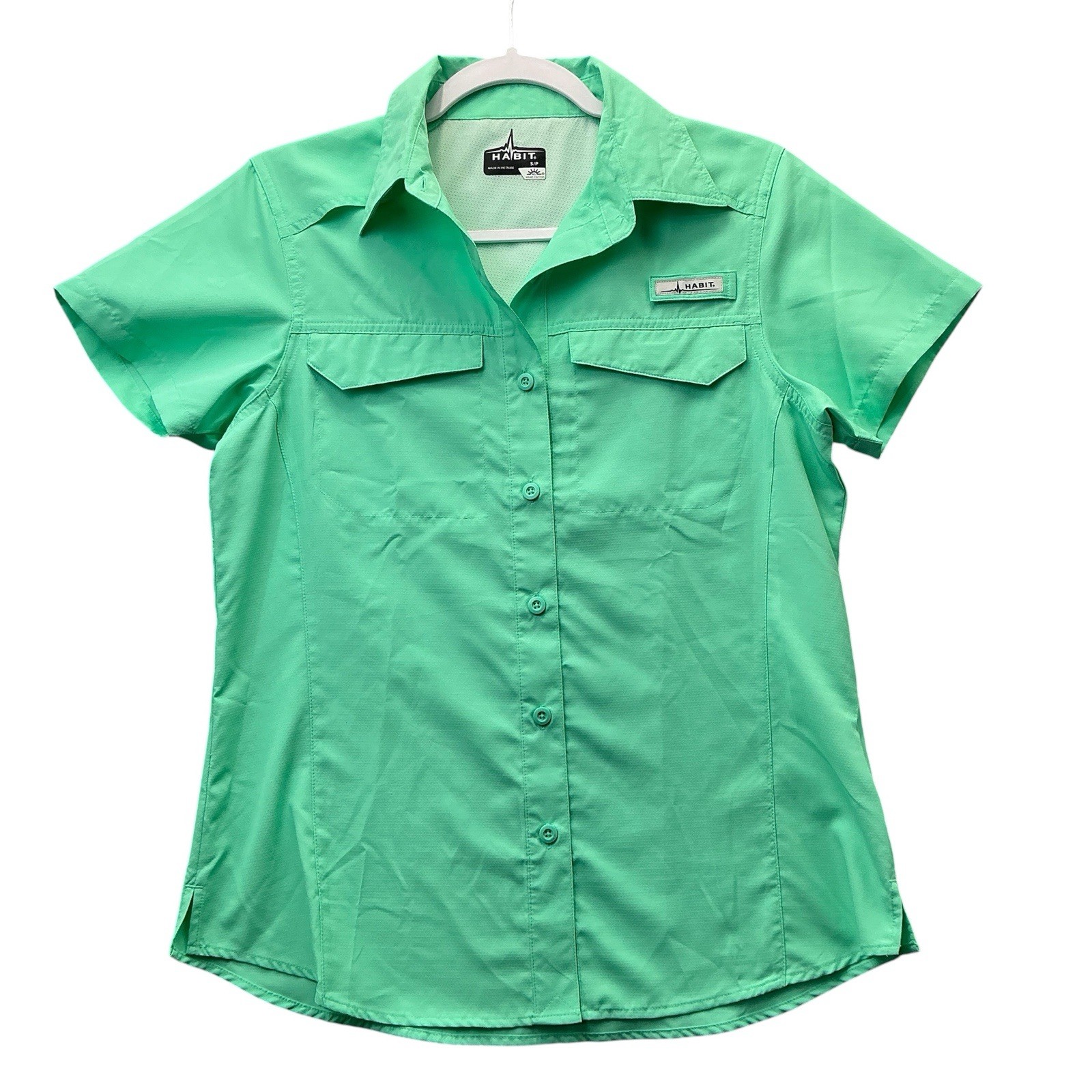 Habit Shirt Womens Small Short Sleeve Button Up Solar-Factor Fishing Green