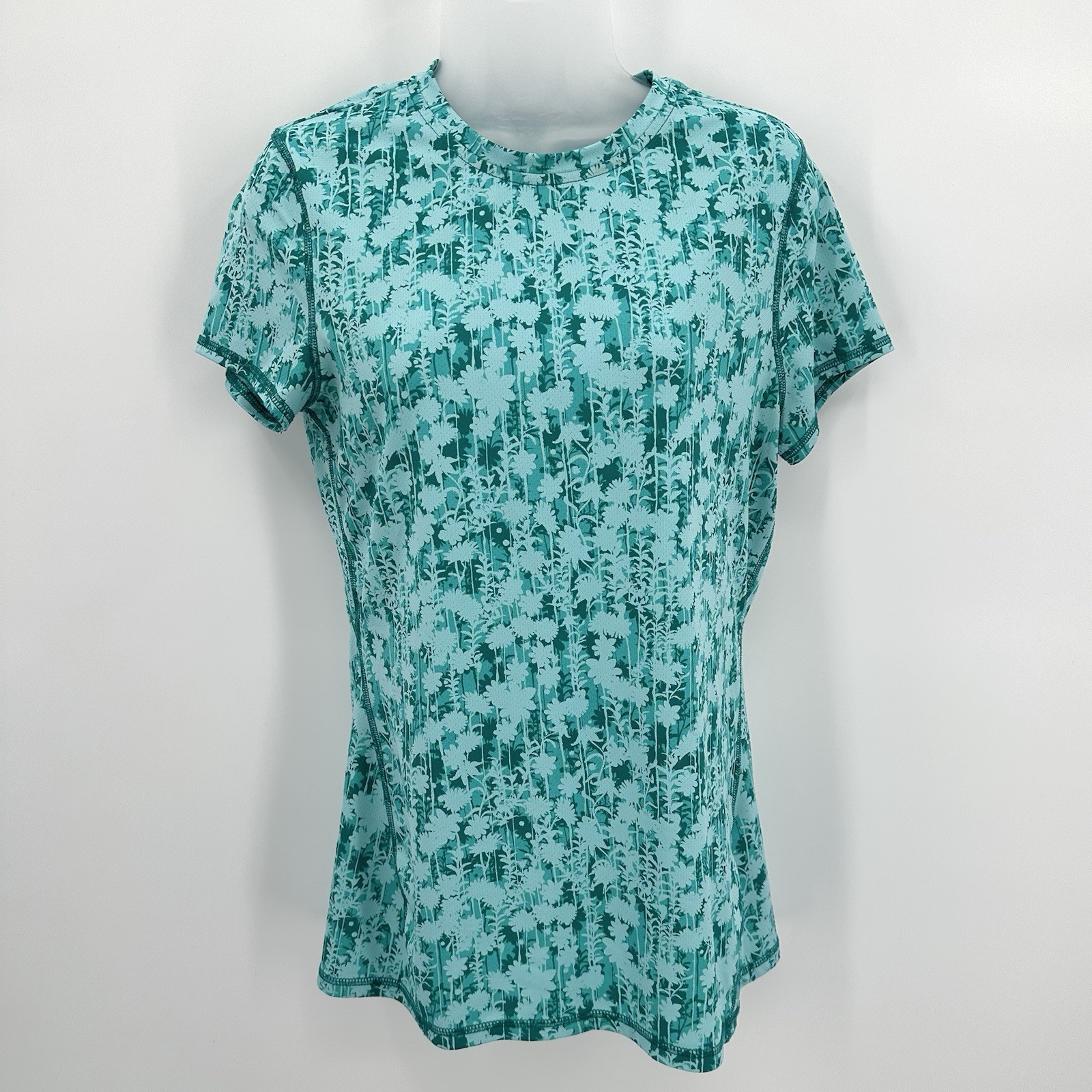 Lands End Workout Top Women’s Small TALL 6-8 Aqua Print Short Slv Athletic-read