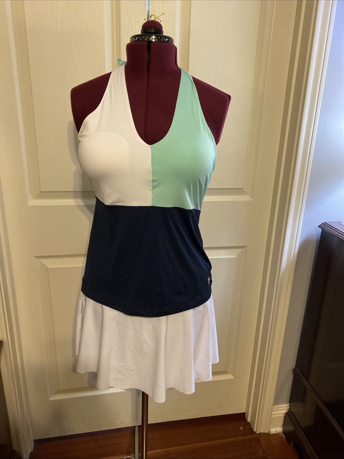 Fila Women’s L Color Block Tankini Halter Top- Navy White Aqua