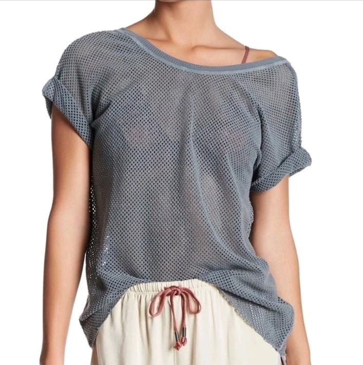 Free People Movement Sexy Hot Stuff Mesh Shirt Womens M Gray Low Back Knot Top