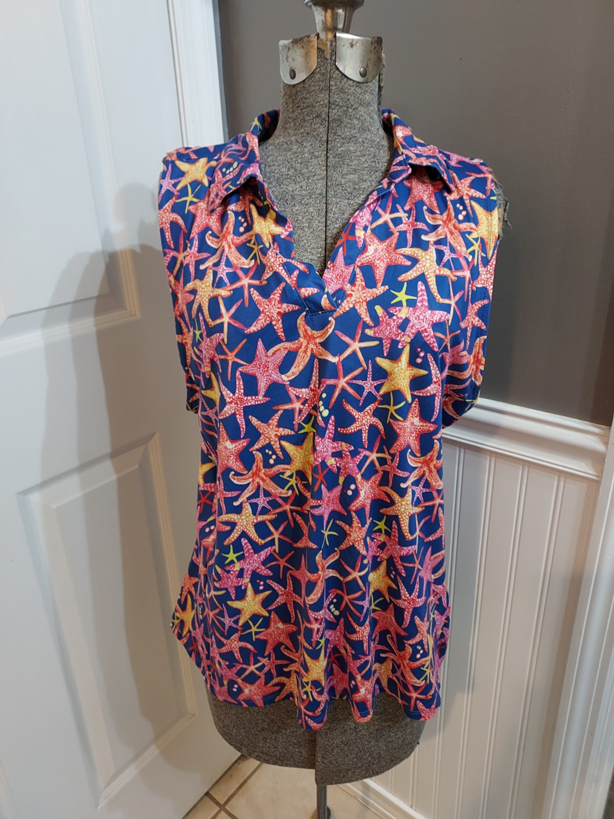 Women’s X by GOTTEX Multicolor Starfish Sleeveless Polo Shirt sz XL GUC 😊