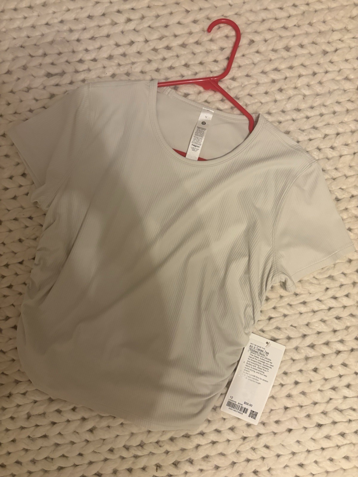 lululemon Women’s bone Ruched Ribbed Crew Neck Yoga Tee Stretch Size 12