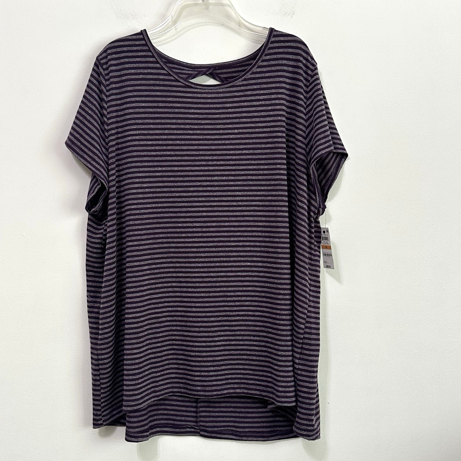 Ideology Tee Top Plus 3X Short Sleeve Active Back Cutout Eggplant Stripe NEW