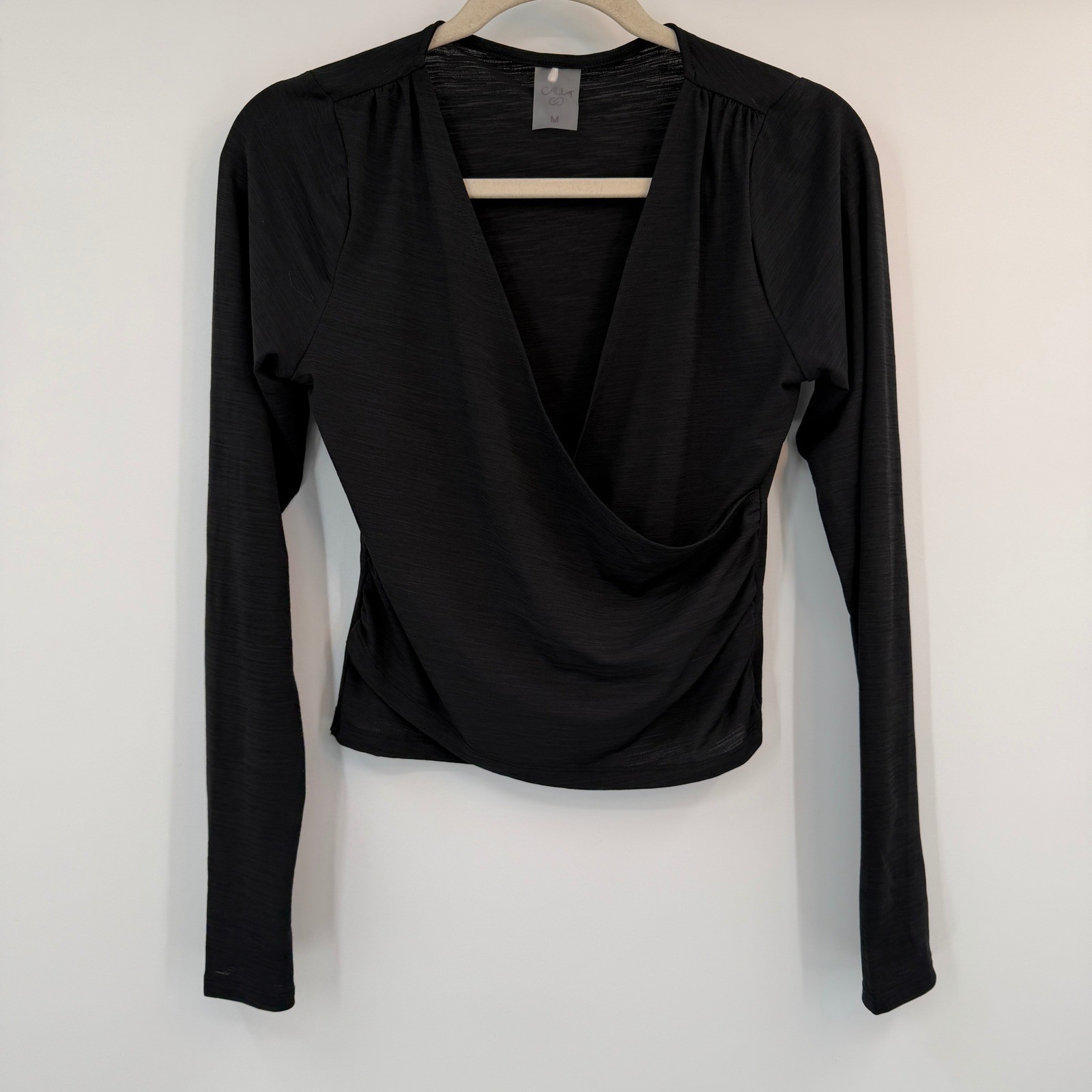 CALIA Black Long Sleeve Wrap Front Ruched Active Top Medium Surplice Balletcore