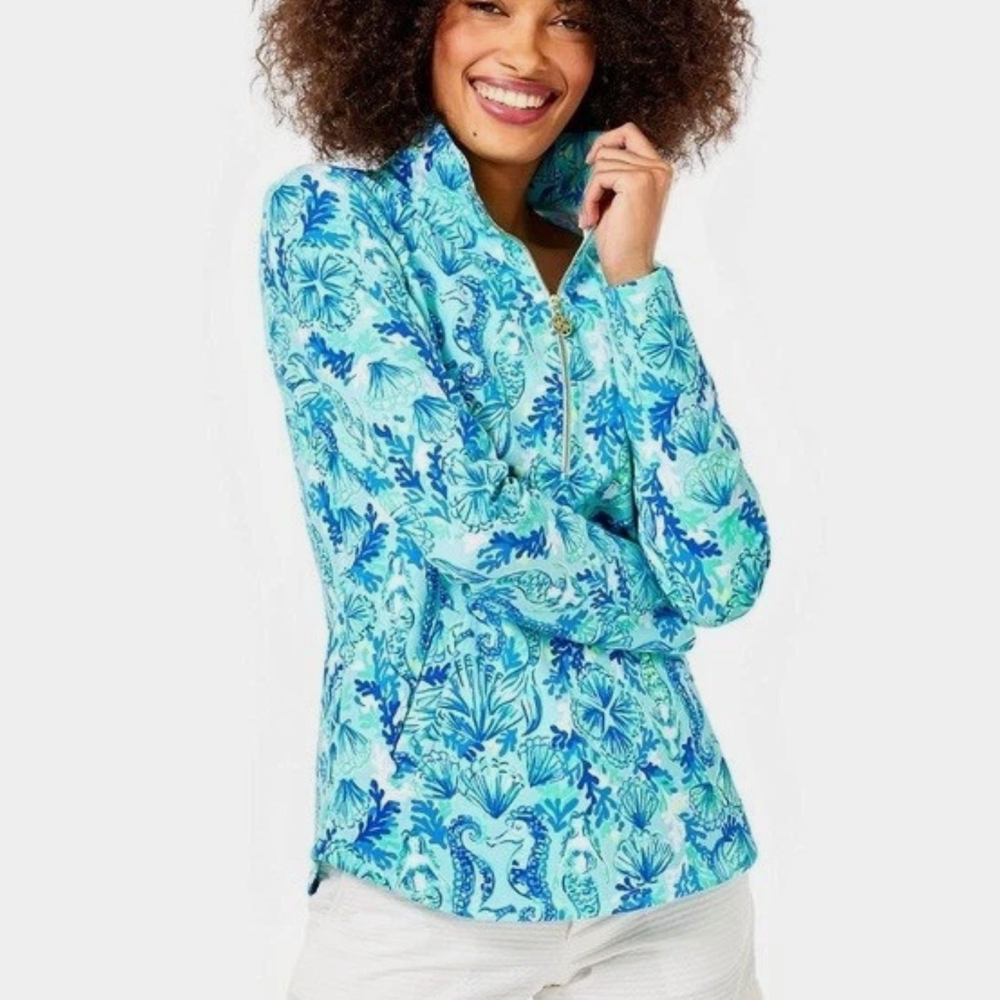 Lilly Pulitzer Seeing Double UPF50+ Skipper Popover in Sea Glass Aqua Medium NEW