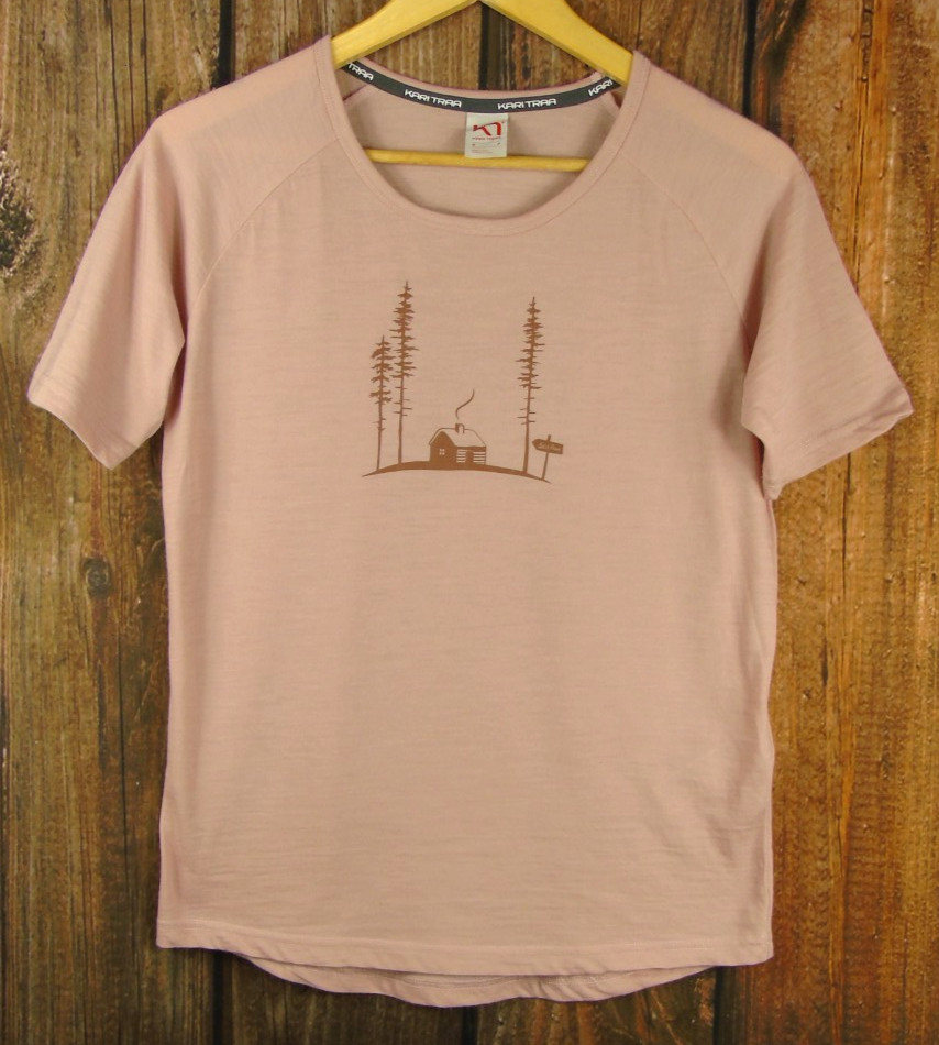 Kari Traa Small Short Sleeve Wool Base Layer Top Mauve Pink Cabin Graphic Hike