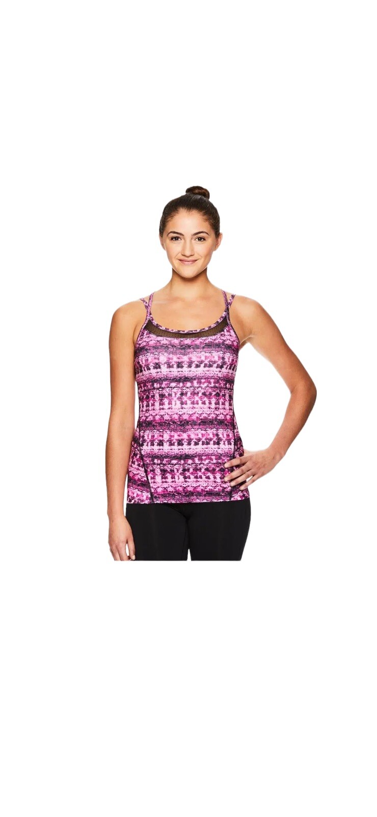 Yoga Tank Top Giam Medium Support Moisture Wicking Sz XS Black Purple Pink Print
