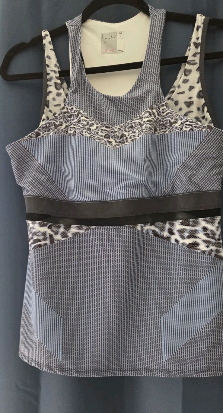 Lucky in Love Prowl Mixed Racerback Top Blue Animal Print W/sheer Mesh Sz Lg