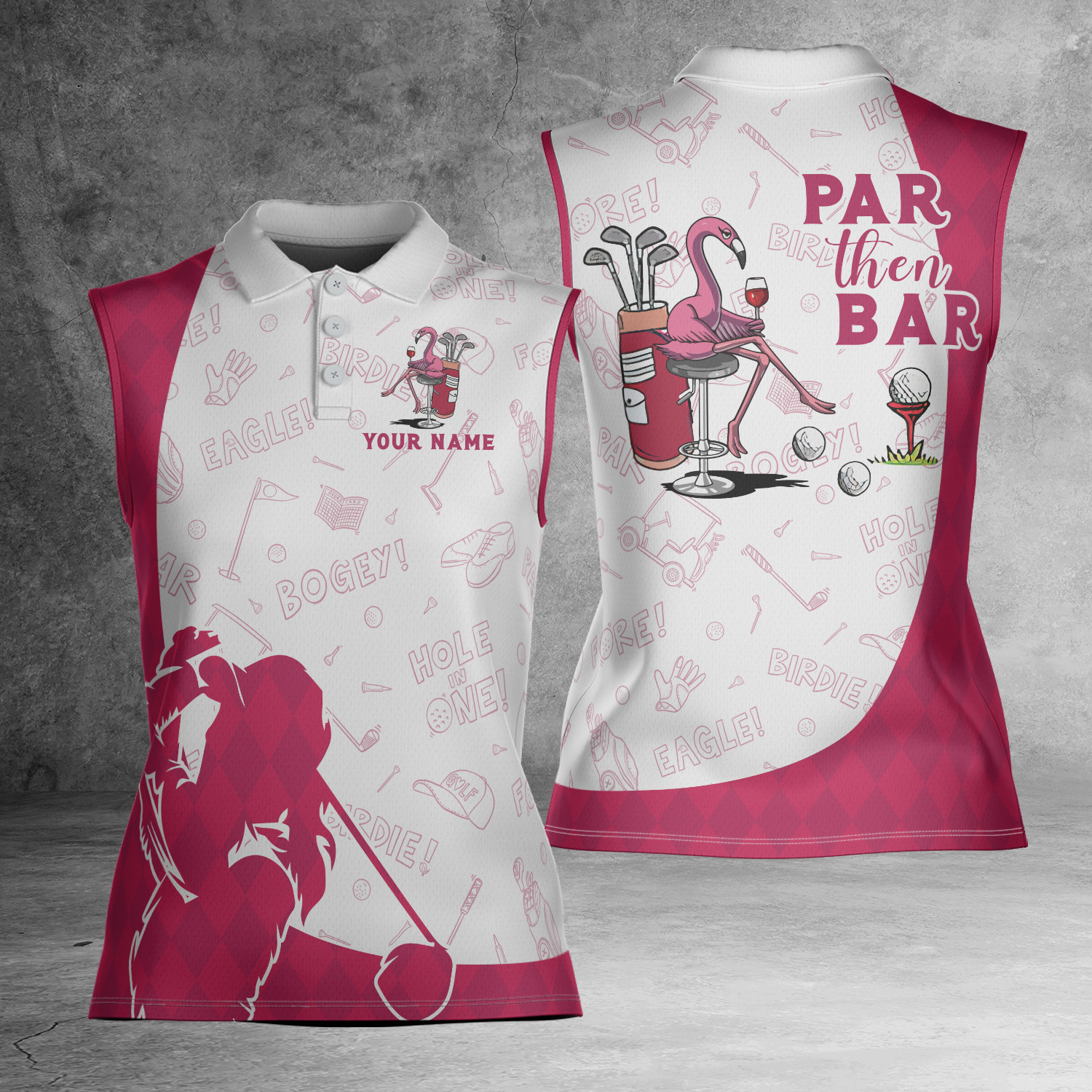 Par then bar flamingo Pink Argyle Play Golf 3D Women Sleeveless Polo Size XS-4XL