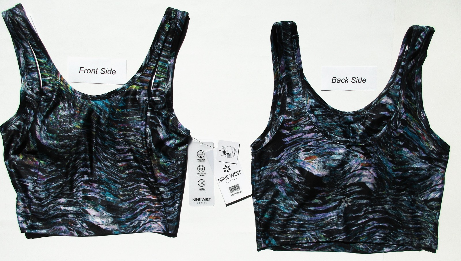 NWT Women’s NINE WEST Active Sports Bra SMALL Crop Tank Top Athletic Black Multi