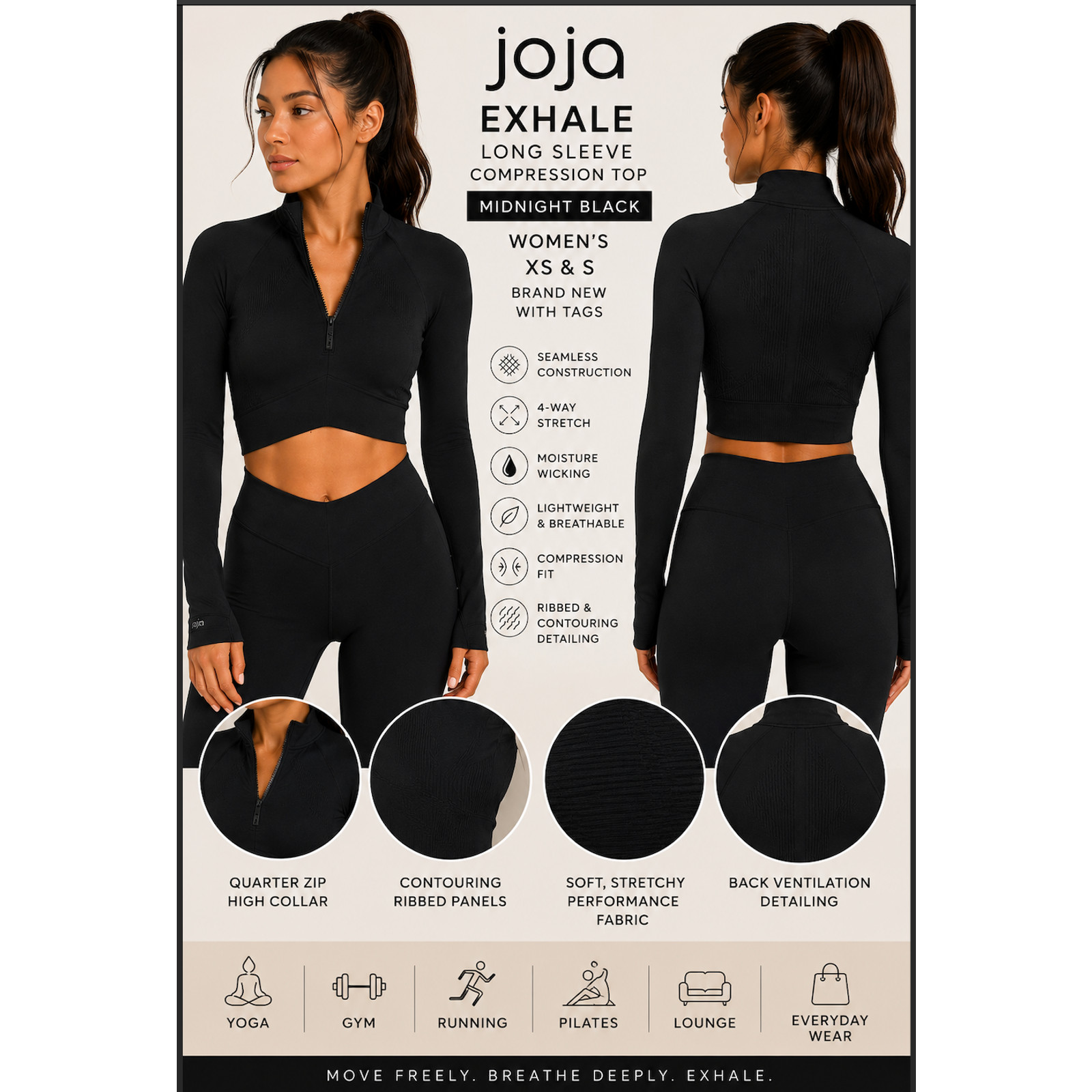 Joja Exhale Midnight Black Half Zip Long Sleeve Compression Crop Top NWT Small
