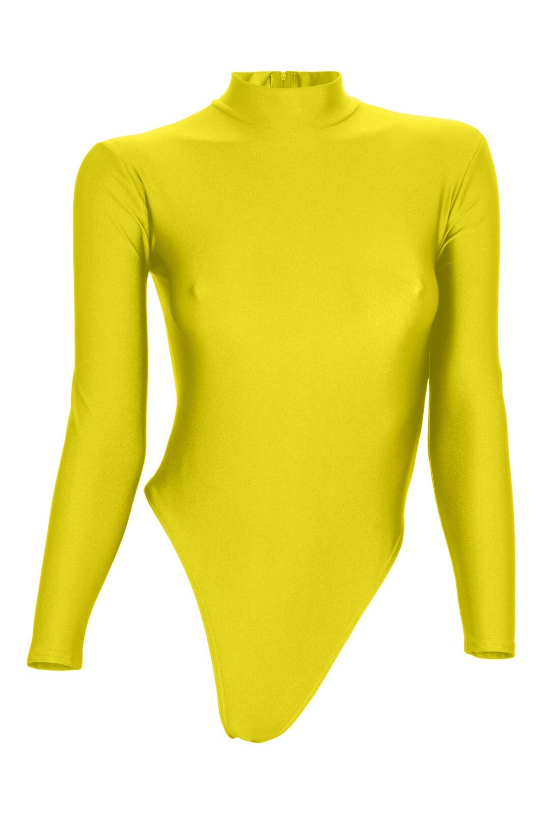 Women’s string body long sleeves back zip yellow leotard stretch shiny shiny