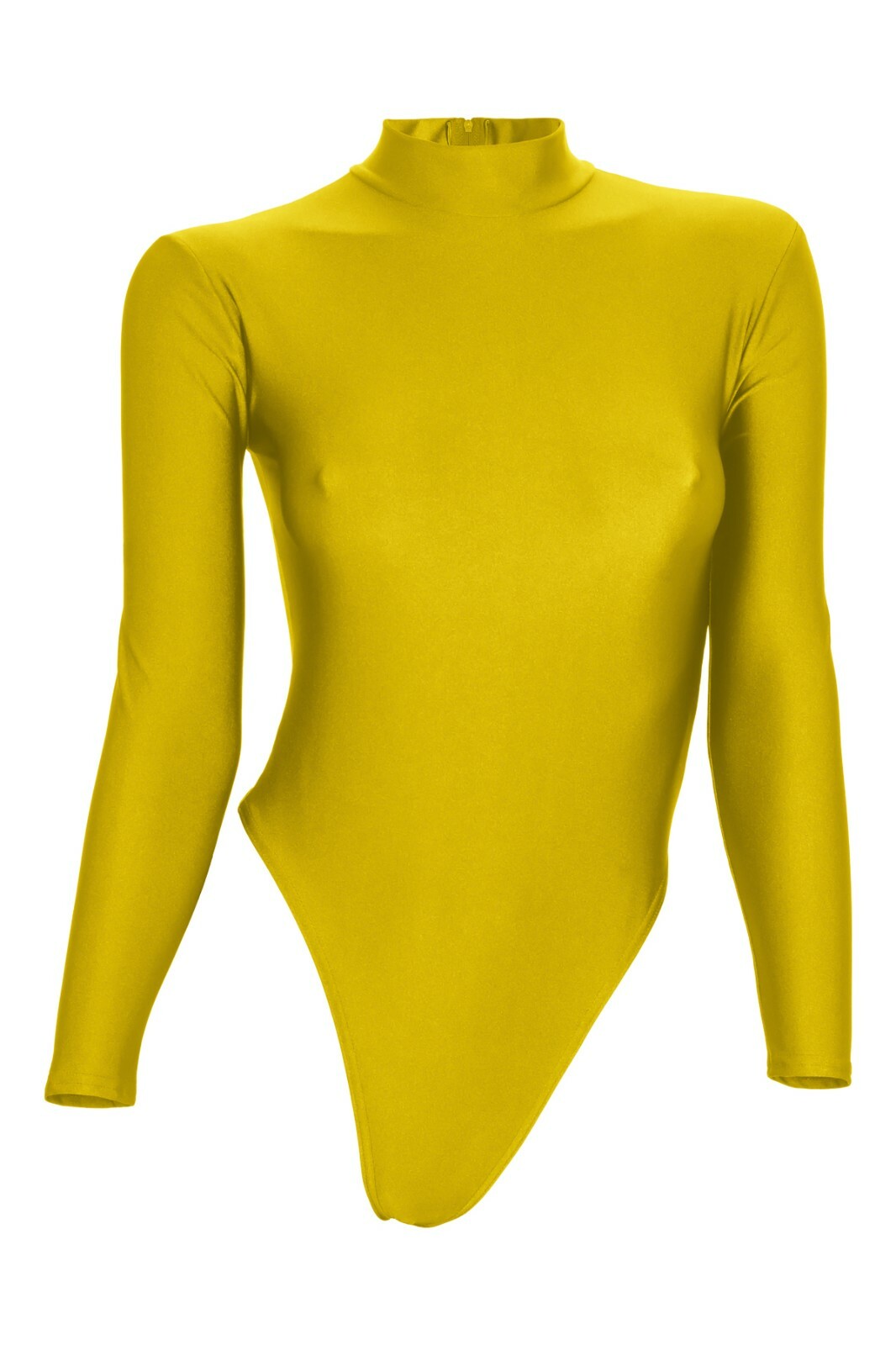 Ladies string body long sleeves back zip gold leotard stretch shiny shiny