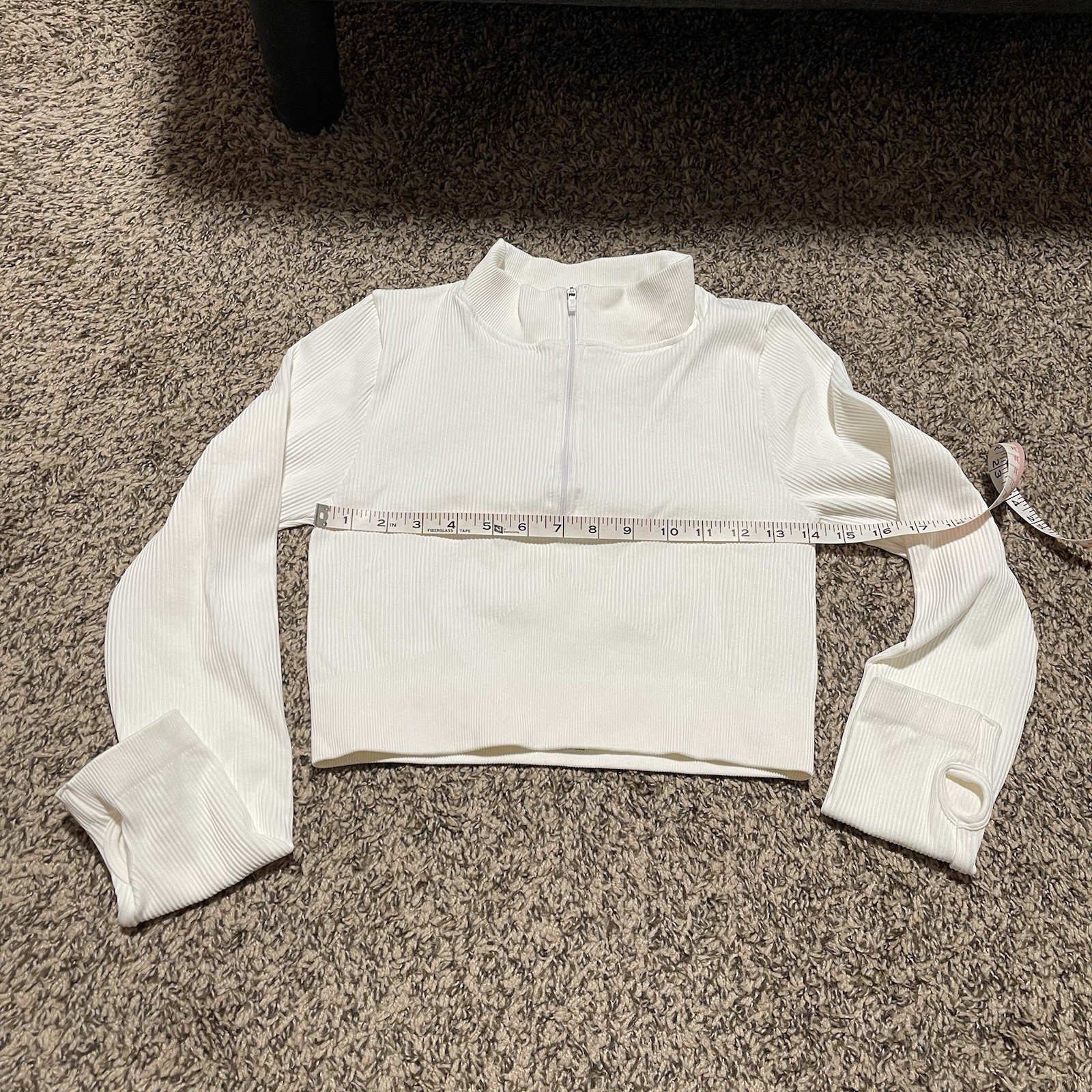 White ribbed quarter zip polyester & elastane crop top in a L