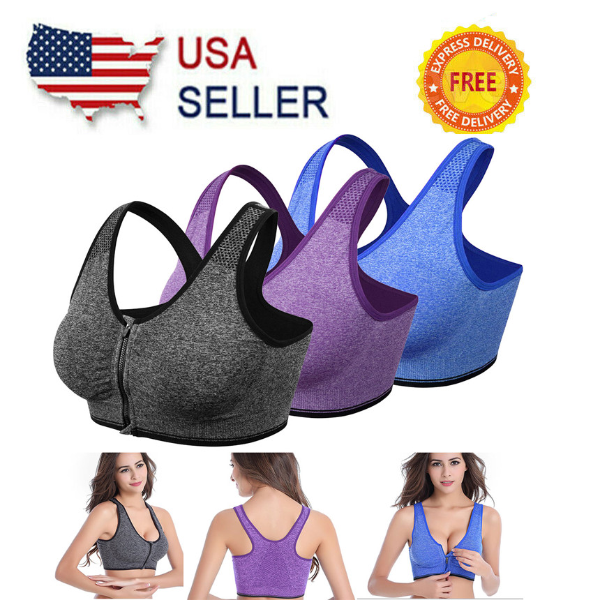 Women Sports Bra With Front Zip Yoga Push Up Vest Support Padded Vest Tops Girls