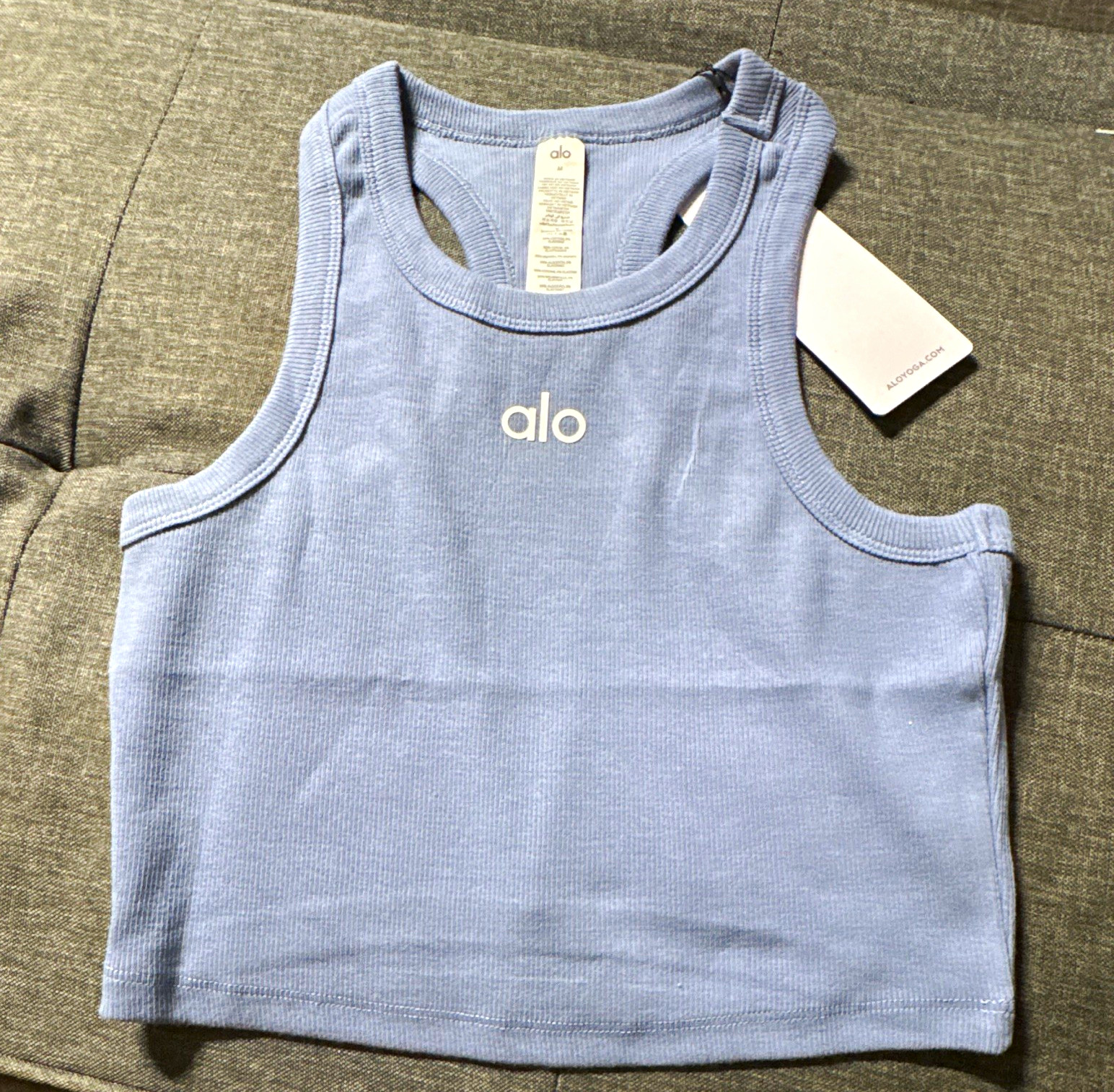 Alo Women’s Blue S Cropped Racerback Round Neck Ribbed Stretch Tank Top