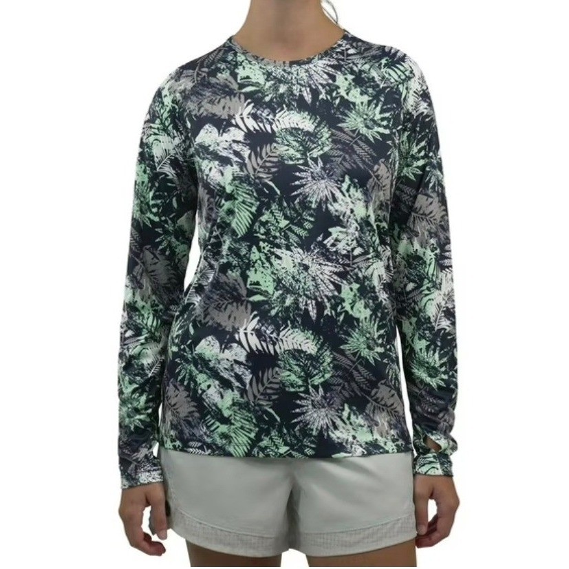 Reel Life Womens Long Sleeve UV T-Shirt Blue Tropical Leaf Sz XL Fishing Sports