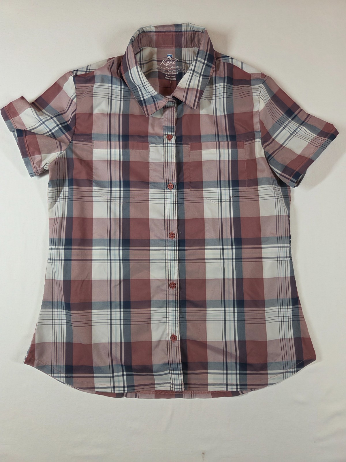 KÜHL Womens Small Kamp Short Sleeve Shirt – Desert Pink Plaid Hiking Travel