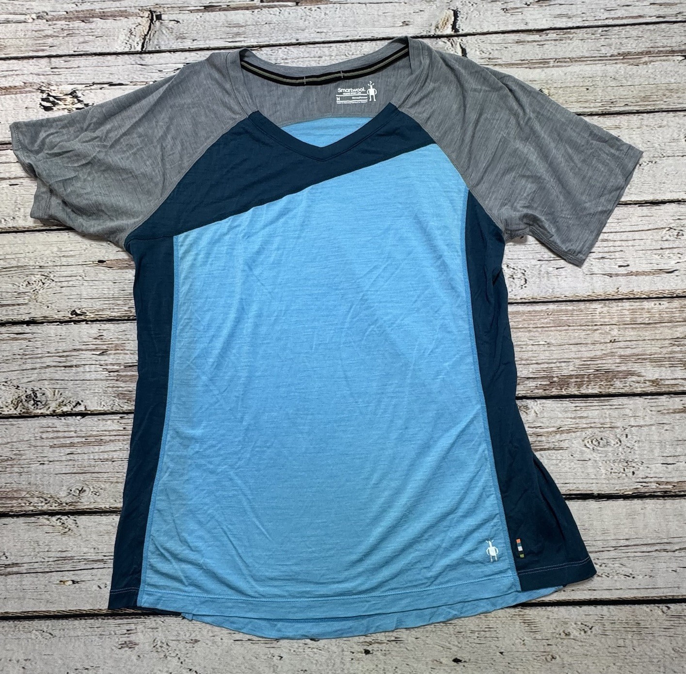 Smartwool Merino Sport 120 Blue Colorblock V-Neck Tee Womens M Gorpcore READ