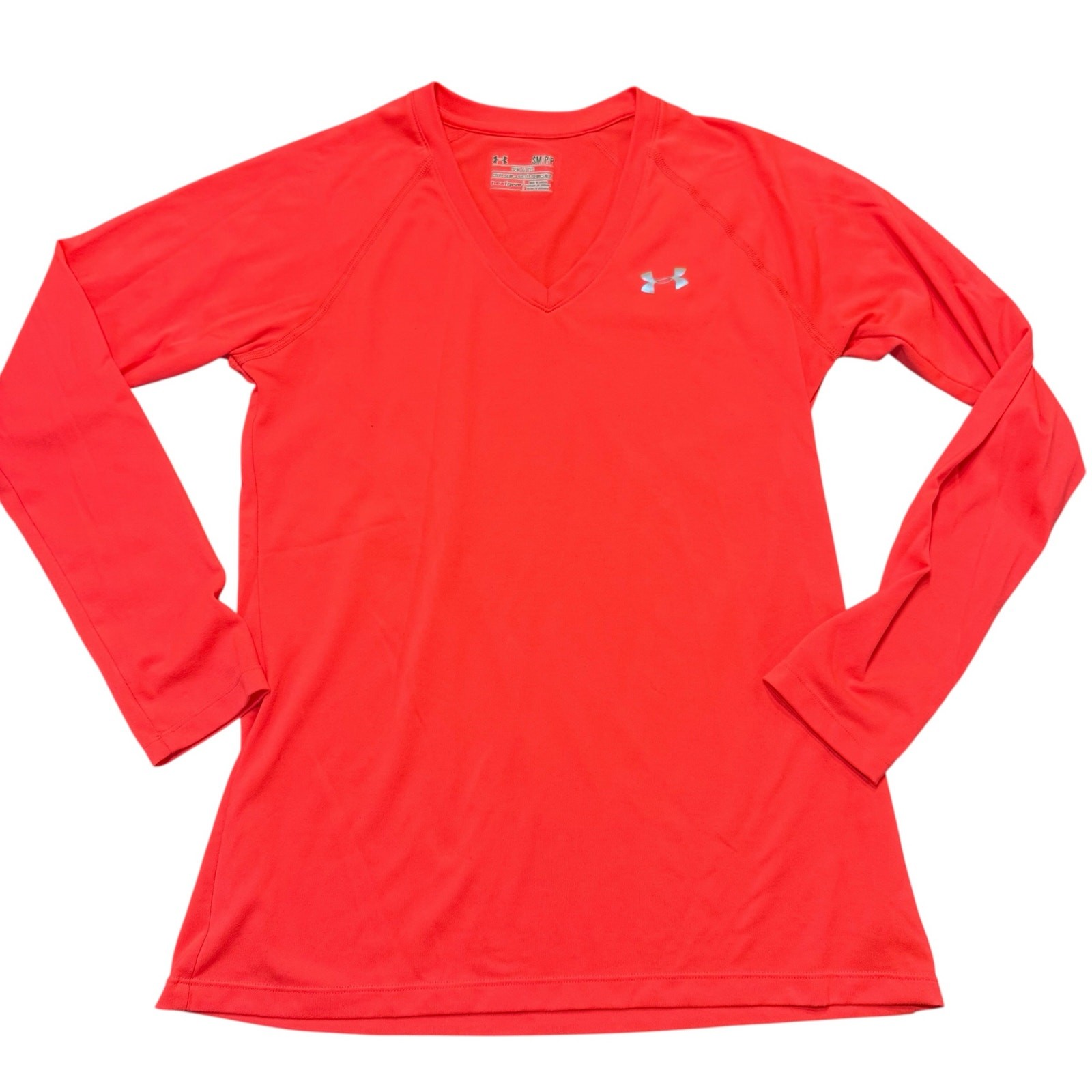 Under Armour Womens bright pink v-neck long sleeve, semi-fitted, heat gear, S