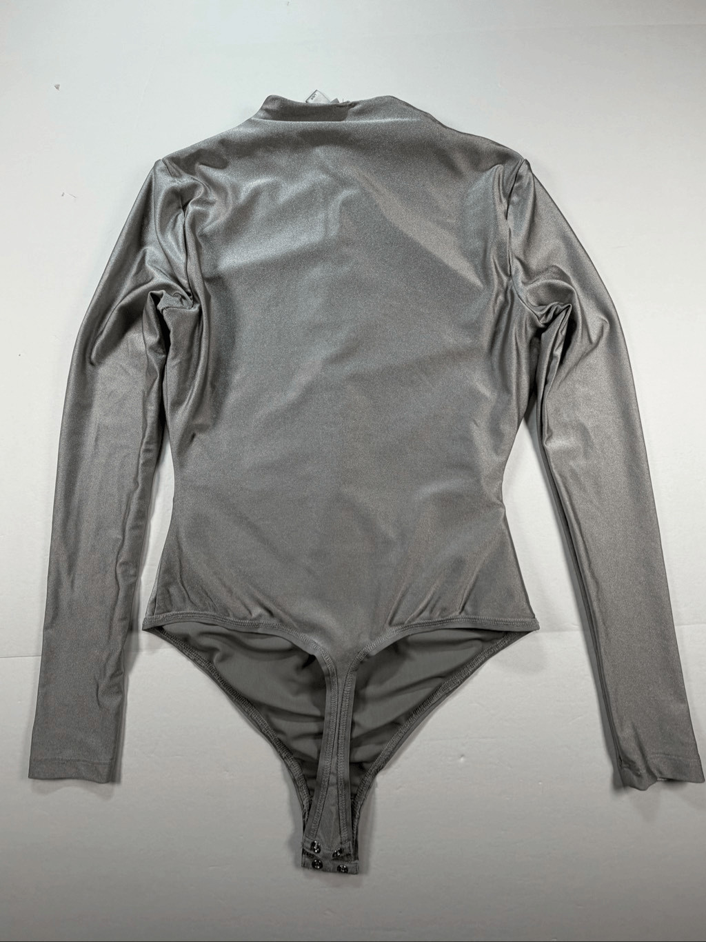 SKIMS Shine Zip Front Long Sleeve Bodysuit Gray Silver Metallic Size Large