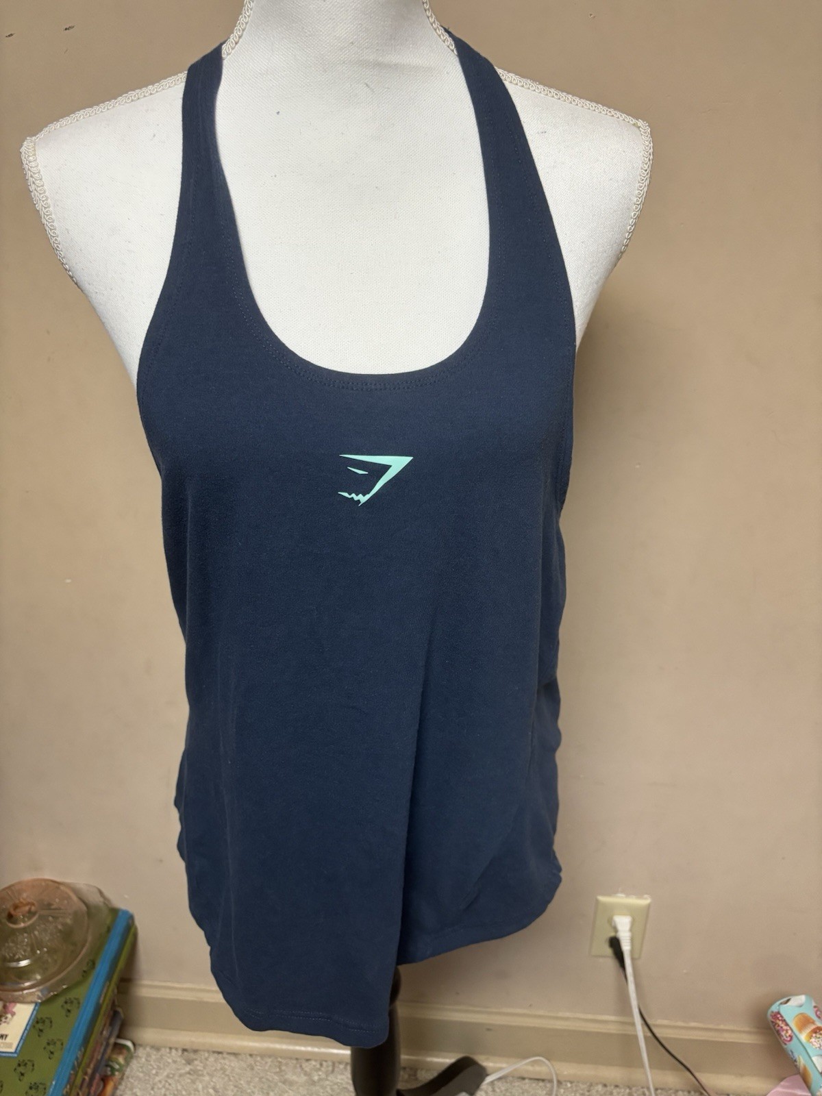 Womens Gymshark Logo Racerback Running Tank Blue, M, Poly blend