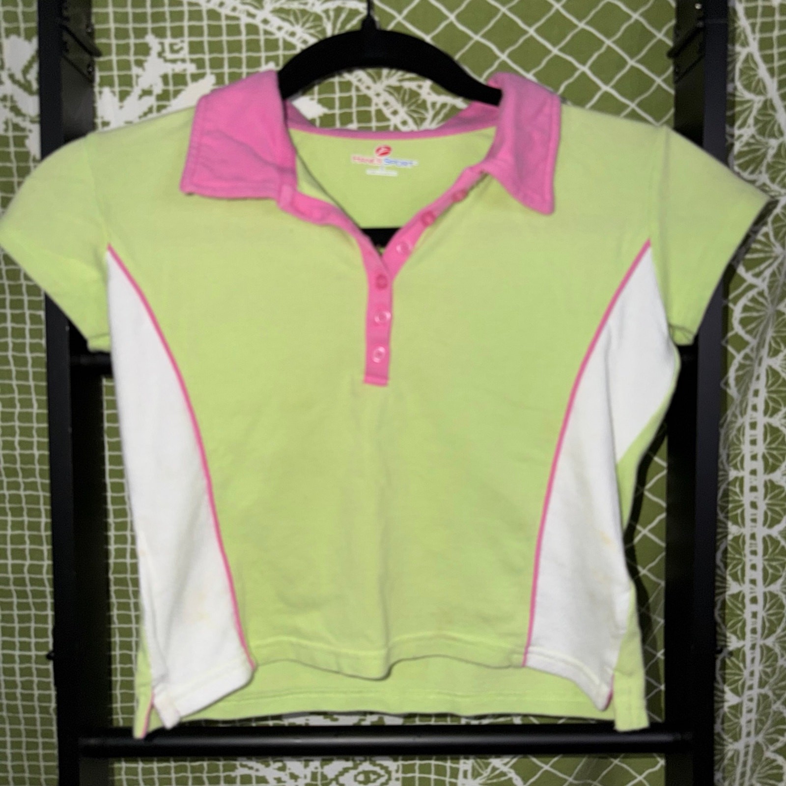 Vintage 2000s Y2K Hanes Sport Lime Green & Pink Colorblock Polo Crop Top