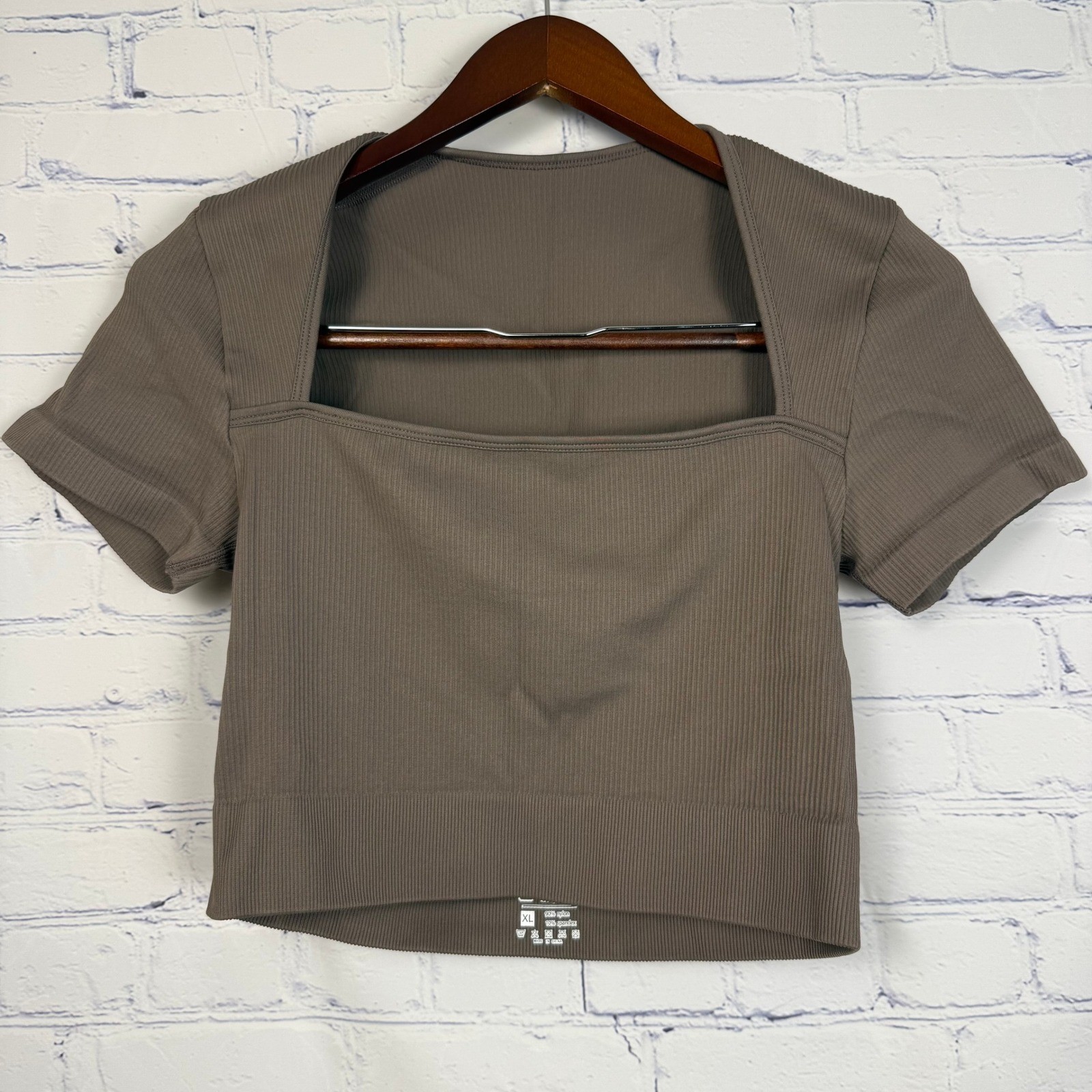 OQQ Womens Ribbed Square Neck Crop Top Short Sleeve Athletic Yoga Shirt Taupe XL