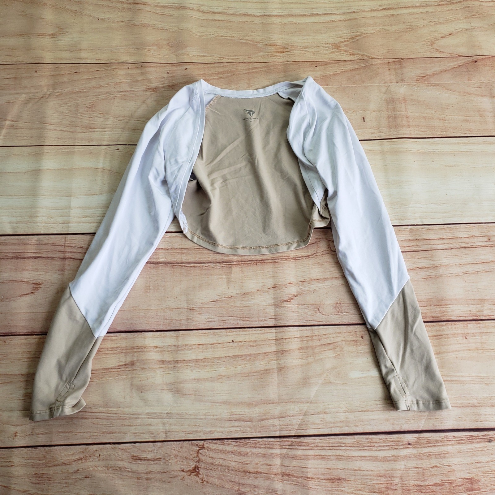 Perspective Fitwear Shrug Bolero Womens XS White Tan Athletic Thumbhole Ladies