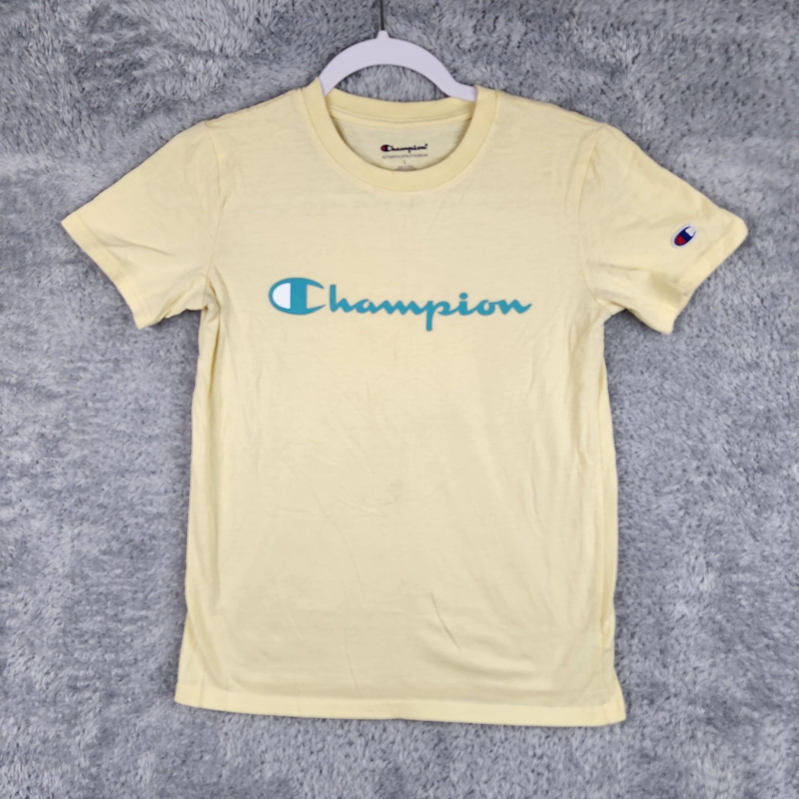 Champion Shirt Womens Large Yellow Script Logo Graphic Tee Athletic Casual Gym