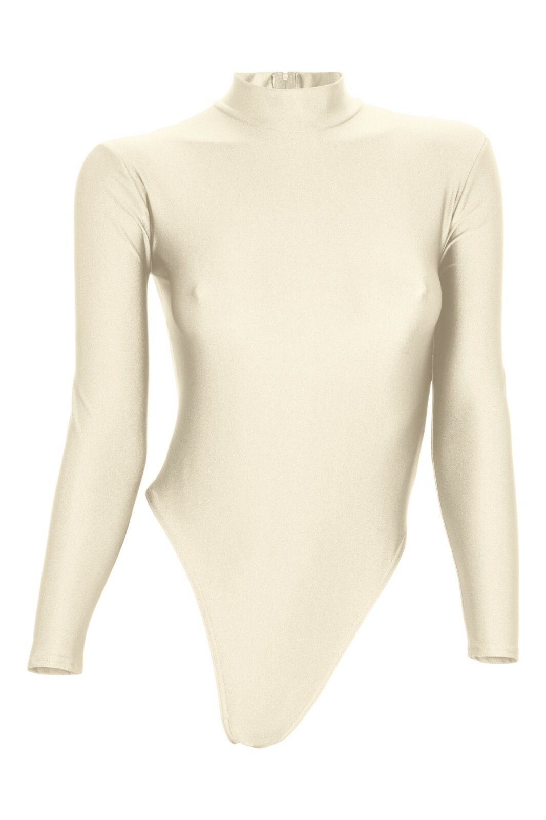 Ladies string body long sleeves back zip cream leotard stretch shiny shiny