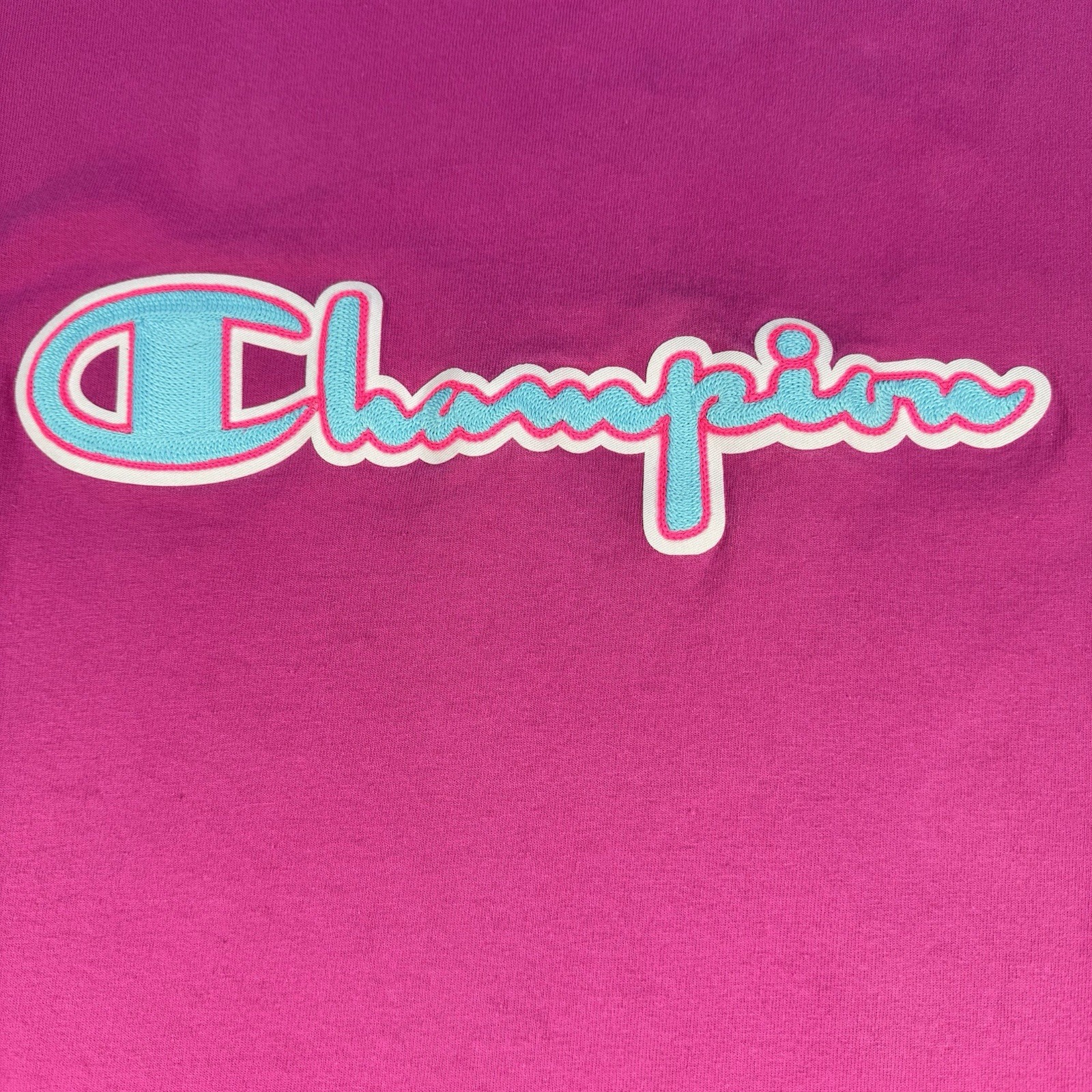 Champion Women’s Magenta Logo T-Shirt L Pink Blue 3D Script Y2K Streetwear